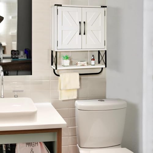 RUSTOWN FARMHOUSE MEDICINE CABINET WITH 2 BARN DOOR, WOOD WALL MOUNTED STORAGE CABINET WITH ADJUSTABLE SHELF AND TOWEL BAR, 3-TIER BATHROOM CABINET FOR BATHROOM, LIVING ROOM(VINTAGE WHITE, MEDIUM)