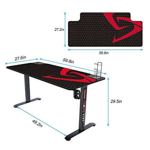 Soges 60 inch Gaming Desk Computer Gamer Desk with Large Mouse Pad T-Shaped Desk PC Computer Desk Computer Workstation with USB Handle Rack, Cup Holder & Headphone Hook Black TN-I60-BK