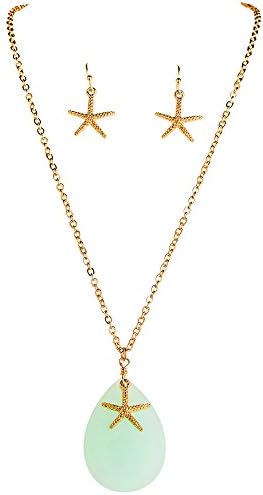 Sea Glass 18'' Gold Seastar Pendant Necklace and Earrings Set - Tropical Green Seastar