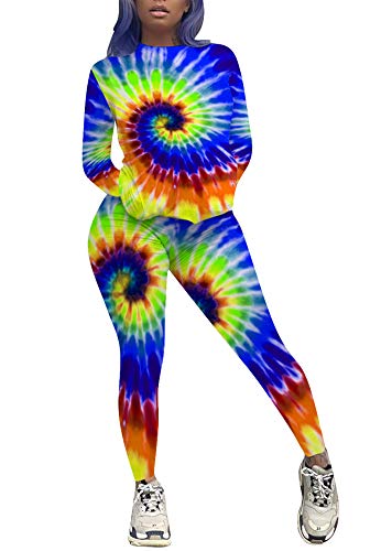 Womens 2 Pcs Long Set Casual Outfits Tie Dye Print Long Shirts Bodycon Sportswear Set Activewear RoyalBlue M - Thumbnail 7