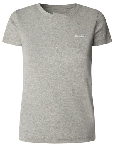 Pepe Jeans W Basic Rib S/S T-Shirt, Gris chiné, XS Femme
