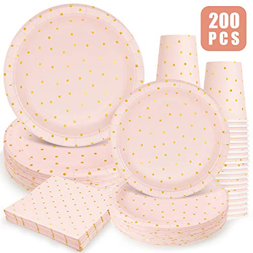 Pink and Gold Party Supplies - 200PCS Disposable Pink Paper Plates Dinnerware Set Gold Dots 50 Dinner Plates 50 Dessert Plates 50 9oz Cups 50 Napkins Wedding Birthday Party Baby Shower Christmas