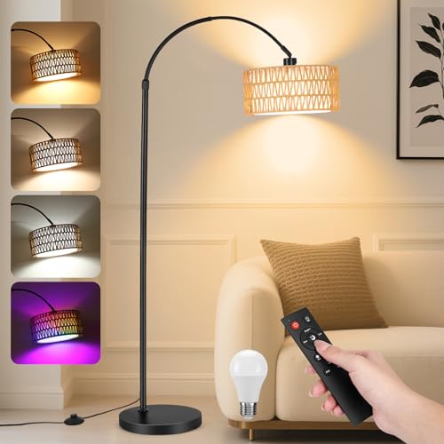 Lampadaire LED sur Pied Salon - 9W 900LM Lampe sur Pied Arc avec Télécommande & E27 Ampoule, Lampe Liseuse Réglables pour Salon, Bureau, Chambre, Noir