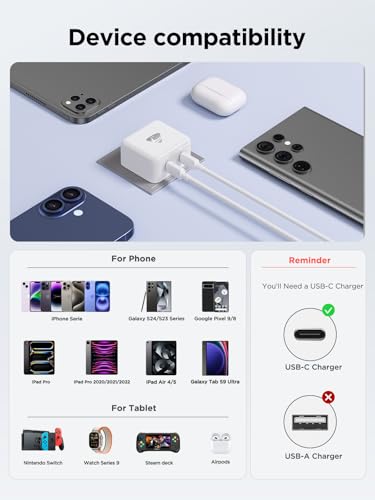 Aioneus USB C Charger PD 40W 2 USB-C Ports iPhone Fast Charger Adapter Type C Charging Plug USB C Wall Charger for iPhone 17 16 15 14, iPad Pro/Air, Galaxy S25 S24 S23, MacBook Pro/Air, Laptop Dell HP
