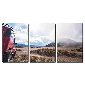 3 Piece Canvas Wall Art - Red Off Road Car at Mount Bromo, Indonesia, Adventure Trial - Modern Home Art Stretched and Framed Ready to Hang - 16"x24"x3 Panels