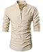 GARSEBO Beloved Men Button Slim Henley Neck Long Sleeve Casual Linen Shirts