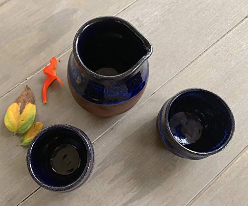 Brown and Blue Sake set, handmade pottery bottle and shot glasses - Thumbnail 2