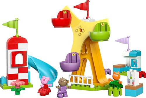 LEGO DUPLO Peppa Wutz Jahrmarkt - Montessori Spielzeug - Motorikspielzeug für Kinder ab 2 Jahren - Vorschule Spiele mit Riesenrad, Rutsche & 3 Figuren inkl. Mollie Mieze & Klausi Kläff 10453 10