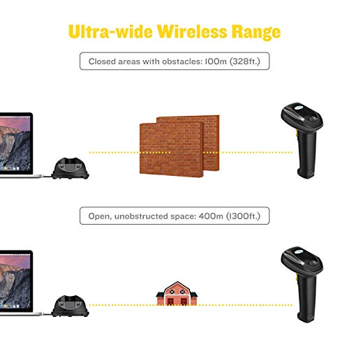 Esky Wireless Barcode Scanner 328 Ft Transmission Distance USB Cordless 1D Laser Automatic Barcode Reader Handheld Bar Code Scanner with Quick Charge Base Stand for Shop, Store,2 Pack