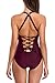 Women's Sexy Lace Up V Neck One Piece Swimsuit Swimwear Backless Bathing Suit, Wine Red, US 8/Medium
