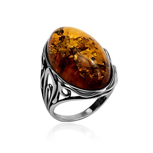 Amber sterling silver large oval ring