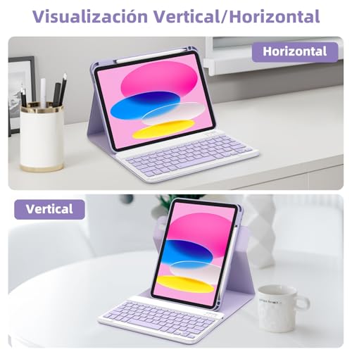 Bettdow Keyboard Case for iPad 11 Generation A16 2025/iPad 10 Generation 2022 (11/10.9 Inch), Vertical/Horizontal Use, Detachable Spanish Ñ Keyboard with Case for iPad 10/11 Gen, Purple