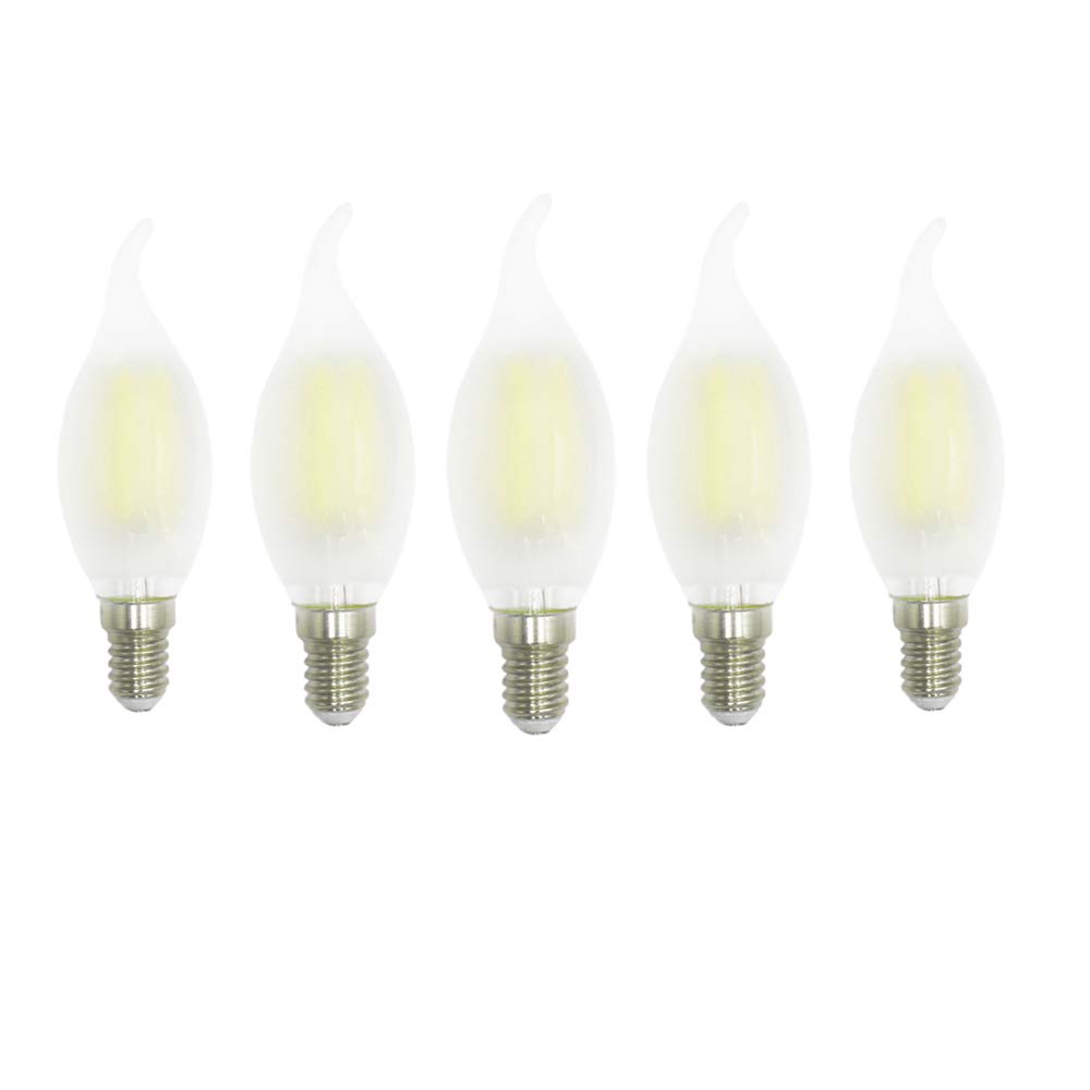 ZFQ E14 LED Filament Bulbs, 4W LED Candelabra Light Bulbs for Chandelier, Equivalent to 40 Watt Halogen, Frosted Glass, 6500K Cool White, AC 220V, Non-dimmable, 5 Pack