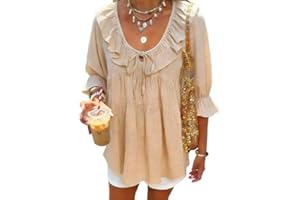 TZLDN Womens Blouse Flowy 3/4 Length Sleeve Babydoll Boho Tops Scoop Neck Ruffle Cute Casual Shirts for Spring Summer