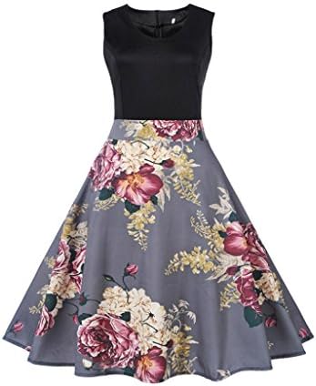 Lamolory Women's Vintage Scoop Neck Midi Dress Sleeveless A-Line Cocktail Party Tank Dress (Gray A, S)