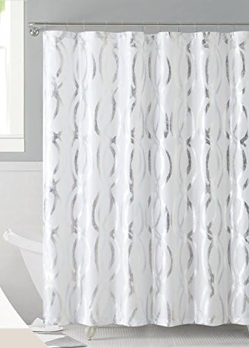 Luxurious Bold Metalic Moroccan Trellis Shower Curtain Set with 12 Hooks 72"x72" (White/Silver)