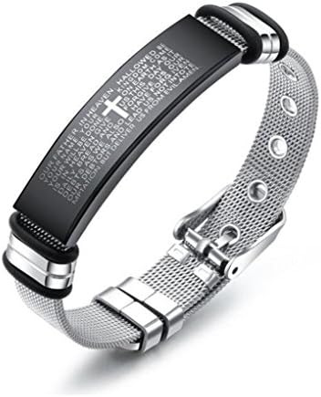 Minitk English Lords Prayer Bracelet Stainless Steel Religious Cross Bangle Mesh Cable Buckle Wristband Adjustable