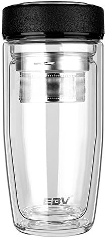 EBV Tea Infuser Double Wall Borrosilicate Glass Tumbler With Stainless Steel Leaf Strainer, Fruit And Tea Infuser Glass Water Bottle 13oz/380ml (Black)