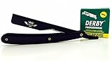 CUT THROAT SHAVETTE STRAIGHT RAZOR RASOIR, 100 DERBY BLADES FULL BLACK by zeepk