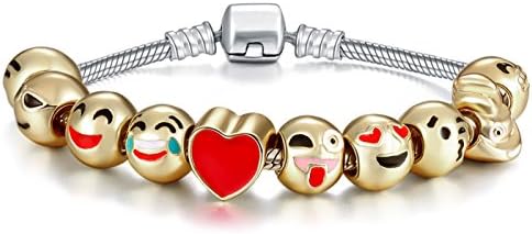 Y&amp;M Emoji Charms Bracelet with Gift Box - 18K Gold Plated with 10 Pieces of Emoji Beads Enamel Smiley Faces