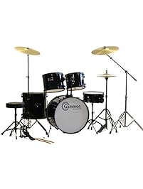 Black Drum Set 5 Piece Complete Full Size Adult Set with Cymbals Stands Stool and Extra Boom Stand