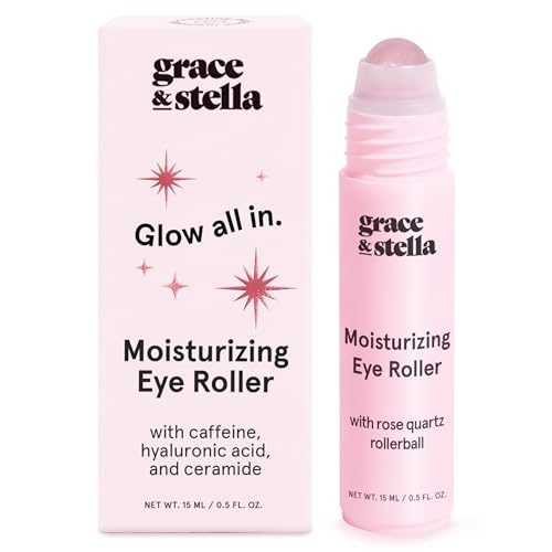 grace & stella Under Eye Brightener with Rose Quartz Rollerball - Hyaluronic Acid & Caffeine Eye Serum for Dark Circles & Puffiness - Travel Size Toiletries, Womens Christmas Gifts (15ml / 0.51floz)