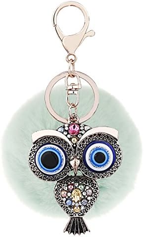 Deacroy Women's Owl Keychain Retro Crystal Rhinestone Soft Puff Ball Bag Charm, Green, One size