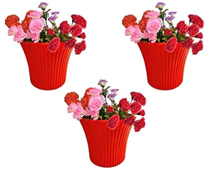 Go Hooked Plastic Flower Pot, Red, Diameter-9 Inch, Pot Height-7.5 Inch, 3 Pieces