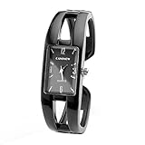 Top Plaza 1pc Black Vintage Enamel Bracelet Watch Bangle Quartz Watch for Women with Rectangle Case 6'' Length