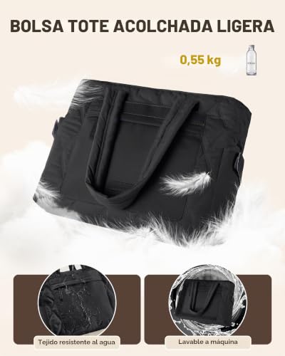 RAINSMORE Padded Tote Bag for Women, Lightweight and Spacious for College Work Travel, Puffer Large Shopper Bags with Laptop Compartments 15.6 Inch