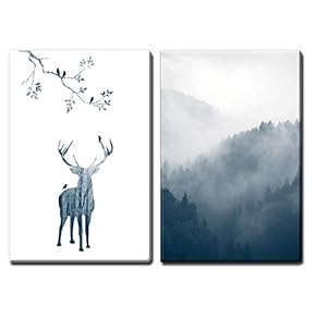 2 Panel Canvas Wall Art - Double Exposure Style Deer and Forest - Giclee Print Gallery Wrap Modern Home Art Ready to Hang - 16"x24" x 2 Panels