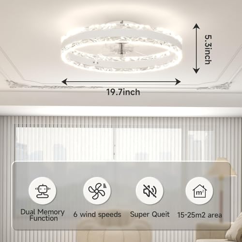 VOLISUN Ceiling Fans with Lights and Remote, 50cm Modern Smart LED Ceiling Fan Light, 6 Speeds and 3000K-6500K Dimmable Quiet Fan Ceiling Lights for Bedroom Living Room Dining Room (White)