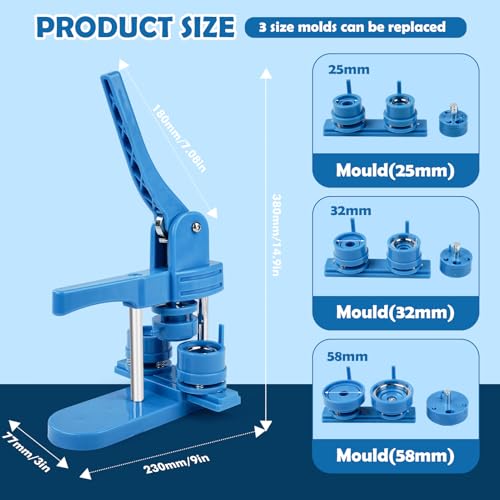 Button Making Machine, 25mm/32mm/58mm 3 in 1 Round Badge Press Kit with 300 Pieces Buttons for Gifts and Pins, Dark Blue