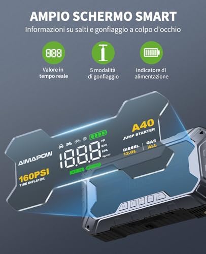 8000A & 160PSI Booster Avviamento Auto con Compressore Aria Portatile, Avviatore Batteria 27000mAH（Tutti Gas 12L Diesel）Jump Starter con 600LUMEN,Ricarica USB-C AIMAPOW