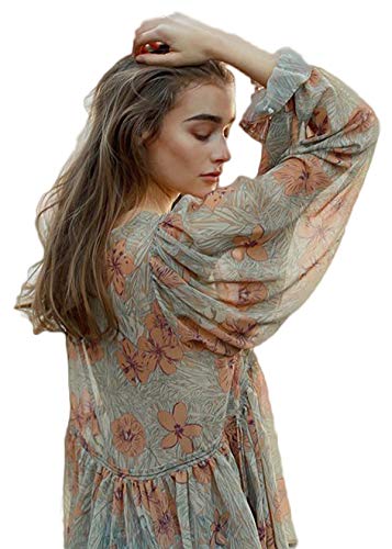 R.Vivimos Women Chiffon Long Sleeve V Neck Floral Print Bohemian Blouse Tops Shirts Medium