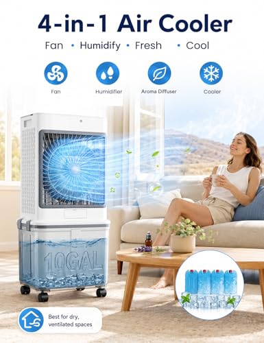 Swamp Cooler, Portable Air Conditioners Evaporative Air Cooler with 10GAL Detachable Tank, Windowless AC Unit Cooling Fan That Blow Cold Air with 120° Swing, 3 Speeds, Timer for Garage Patio Workshop