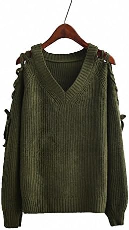 Lace Up Knitted Sweater Pullover Women Off Shoulder Long Sleeve Sweater Female Autumn Winter Hollow Out Jumper Army Green One Size