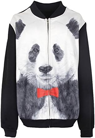 OUCHI Women Fashion Fall Thicken Tie Panda Print Active Baseball Sweatshirts Black