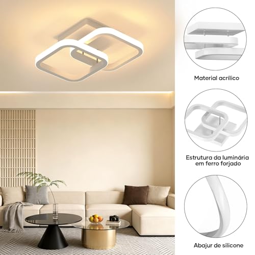 Trailabo Luminária LED de Teto, Duas Luminária Quadrado + Duas Fitas de Luz Circulares, Iluminação Ajustável em Três Cores, para Sala e Quarto, 3000-6000K (Branco)