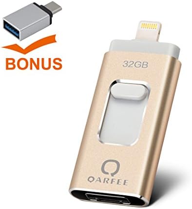 QARFEE 4 in 1 Universal 32G Phone Flash Drive, Pen Drive OTG Type-C Lightning USB Micro USB Memory Stick External Storage Flash Drive U Disk for iPhone iPad iPod Mac Android cell phone and PC,Gold