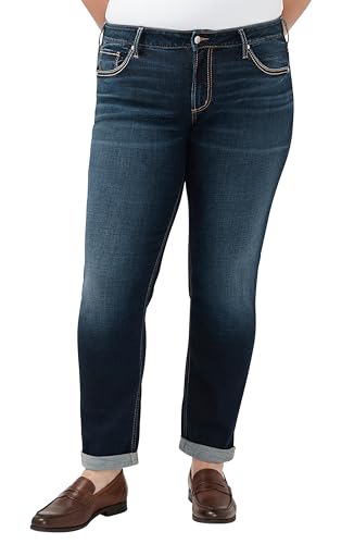 Silver Jeans Co. Women’s Plus Size Boyfriend Mid Rise Slim Leg Jeans, Dark Wash