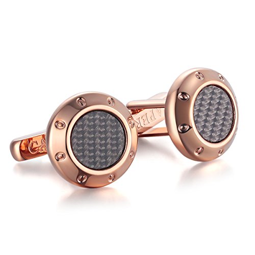 Caperci Men's Contemporary Round Rose Gold Cufflinks with Black Carbon Fiber