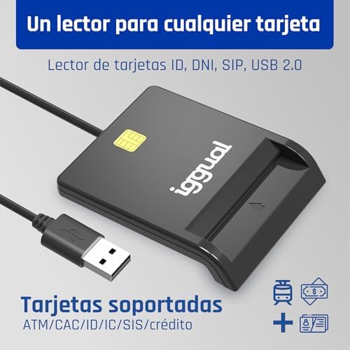 Leitor USB 2.0 para cartão DNI, SIP e ID – Ligação USB – Leitor Eletrónico Inteligente de DNI Compatível com DNI 4.0 – Compatível com Windows, macOS e Linux – Cabo de 1,2 m – Preto