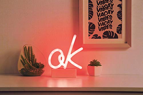 Merkury Innovations 7" inch LED Neon Red"OK" Sign, Night Light, Mood Light with Pedestal,Battery Operated Wall Art,Bedroom Decorations,Bedside Lamp,Home Accessories,Party and Holiday Decor:Neon Red