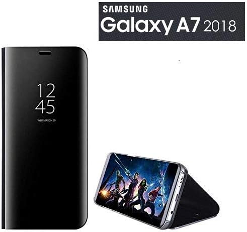 Trueupgrade™ Luxury Clear View Electroplate Mirror Protective Leather Flip Cover for Samsung Galaxy A7 2018 (Black)
