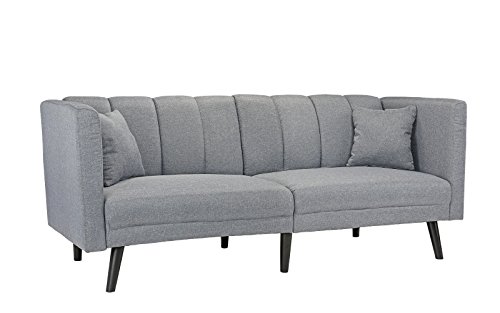 Sofamania Mid Century Modern Plush Tufted Linen Fabric Living Room Sleeper Futon (Light Grey)