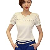 Finejo Women Girl's Elegant V Neck Chiffon Shirt Hollow Short Sleeve Casual Blouse
