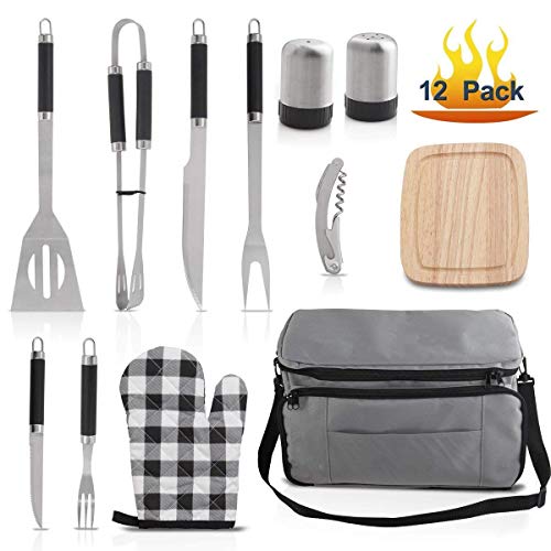 Grilljoy BBQ Grill Accessories Tool Set with 15 can Gray Insulated Cooler Bag - All-in-one BBQ Picnic Cooler Bag - 12pcs Stainless Steel Camping Utensil Kit For Outdoor Grilling - Prefect Gift for Man