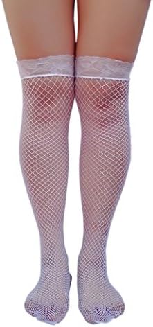 ELLITE Women's Lace Top Fishnet Thigh High Stockings with Sexy Seamless Pantyhose-White