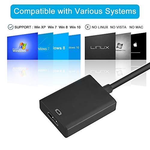 USB to HDMI Adapter, HD Audio Video Cable Converter, USB 3.0/2.0 to HDMI for Multiple Monitors 1080P, Compatible with Windows XP/7/8/8.1/10 (Not Support Mac, Linux, Vista, Chrome) (Black)